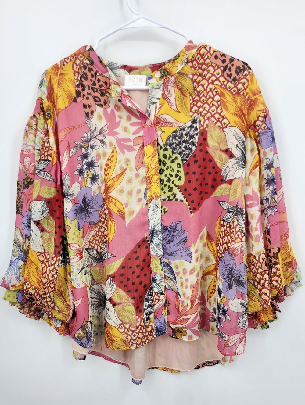 FATE Floral Chiffon Bubble Sleeve Button Front Blouse Pink Yellow Blue Sz Small